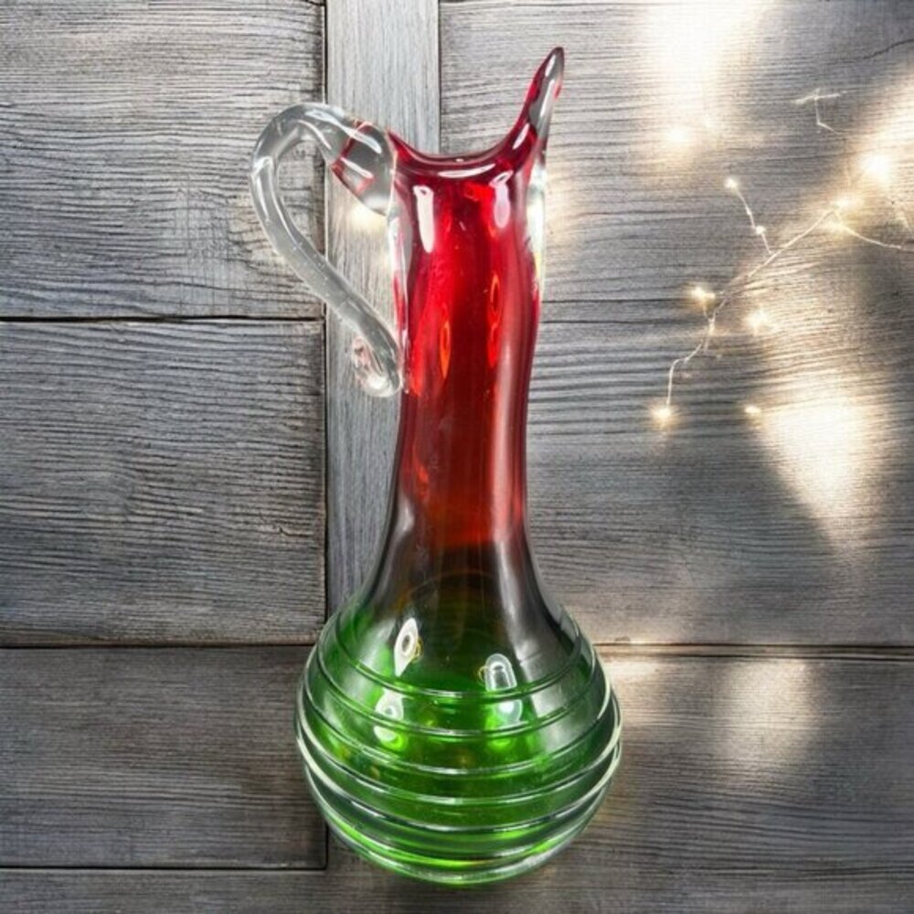 Heavy Hand Blown Glass Pitcher Vase Carafe Multicolor Applied Swirl Glass Decor‎